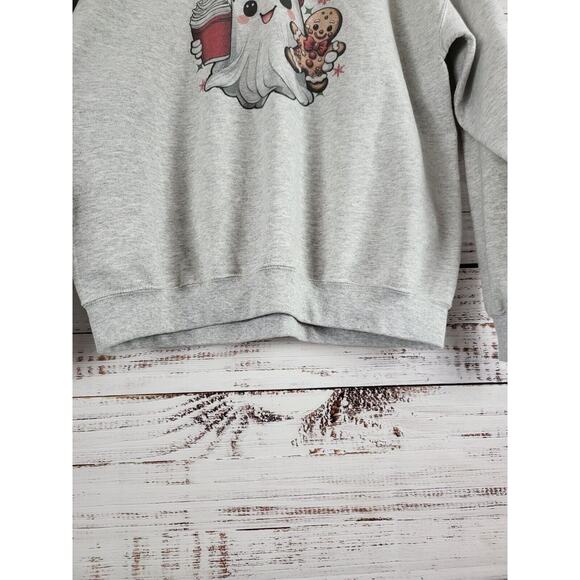 Gildan Heavy Blend Christmas Ghost Sweatshirt L Womens Gray Pullover Crew Neck - Picture 3 of 6